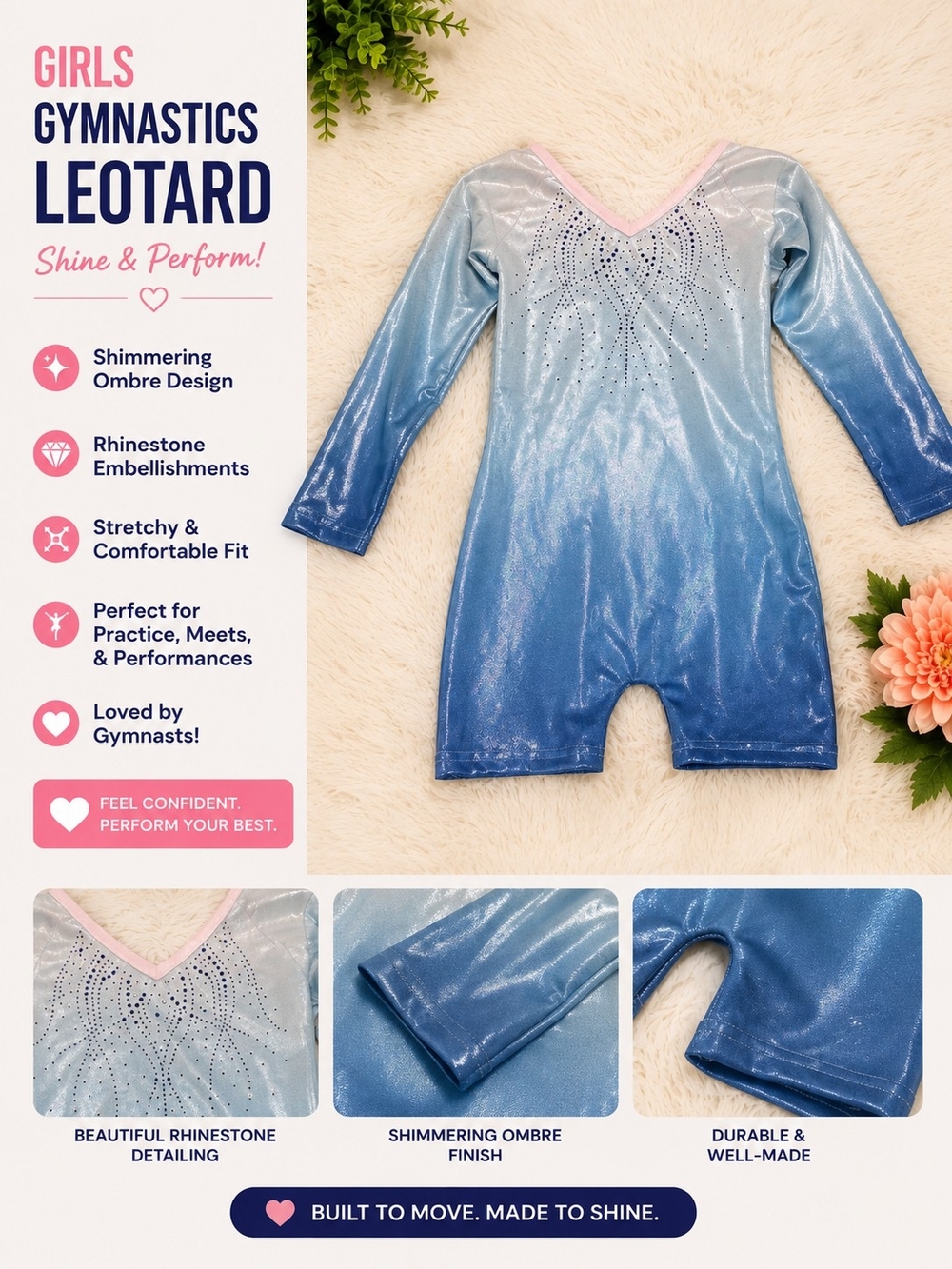 Girls Shimmer Ombre Gymnastics Leotard - Blue